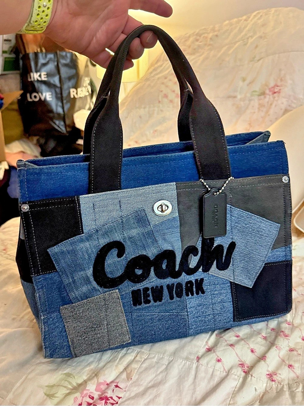 Coach Cargo Tote Medium Patchwork Denim in Blue & Black